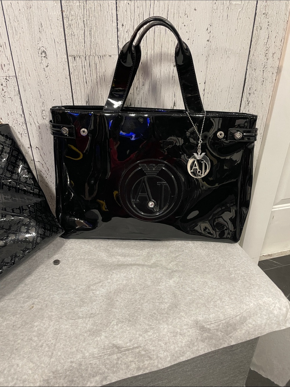 Armani Jeans Glossy Black Patent Tote with AJ Charm